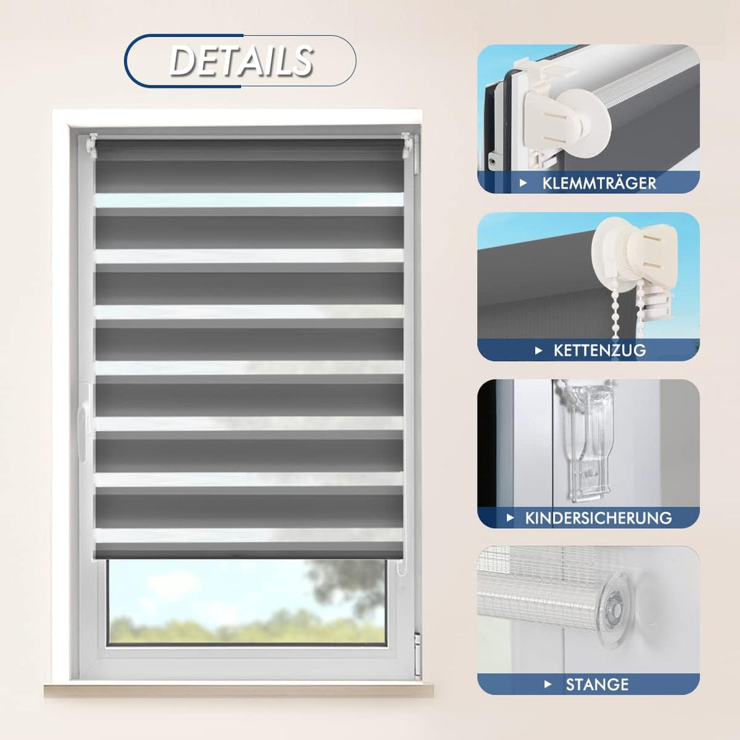 SBARTAR Doppelrollo Klemmfix Rollos für Fenster ohne Bohren & zum Bohren (Anthrazit 90 x 130cm) Duo