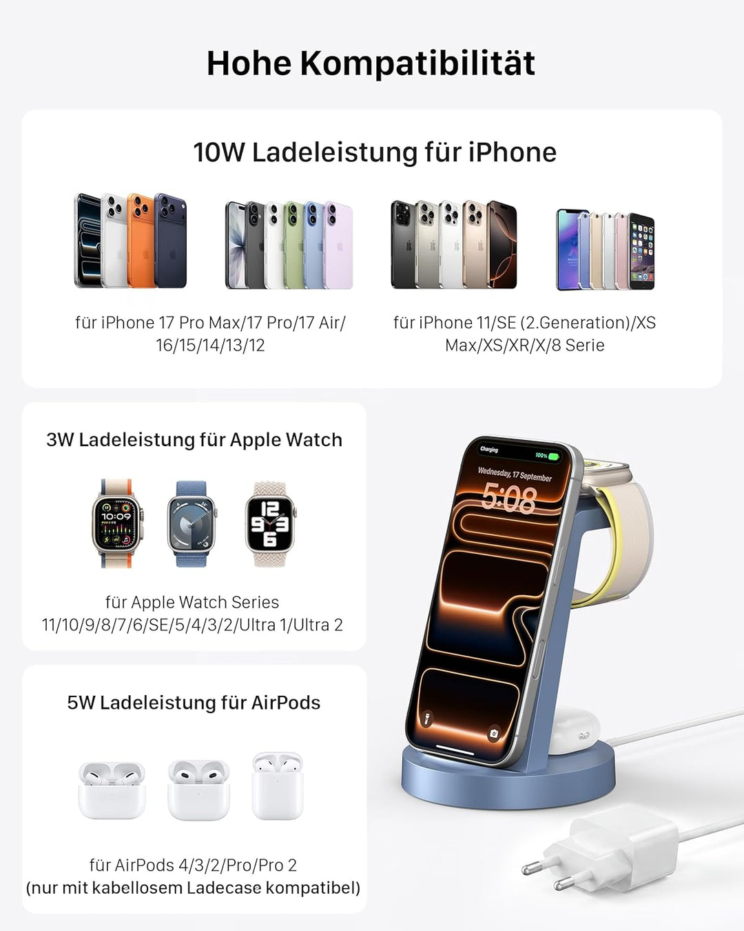 3 in 1 iPhone Ladestation Kabelloses Ladegerät für Apple - Wireless Charger für iPhone 16 15 14 13 1
