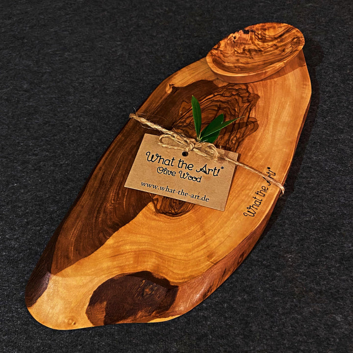 What the Art!® Olive Wood «Vesper» Gr. L | Olivenholz Schneidebrett + Dip-Schälchen | Handarbeit | c