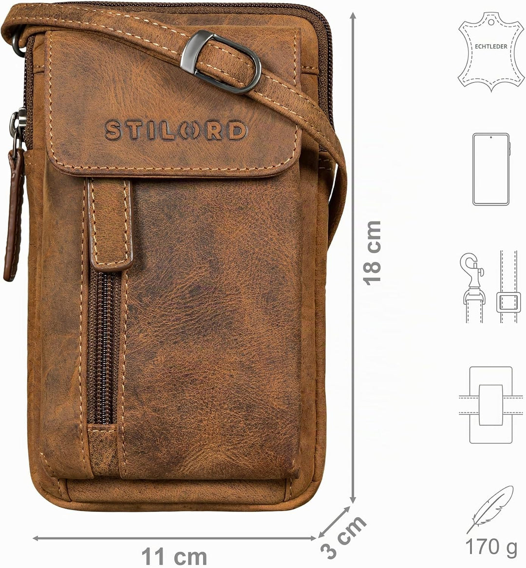 STILORD Mael 2-in-1 Umhängetasche Herren Leder Handytasche zum Umhängen Gürteltasche Brusttasche - S