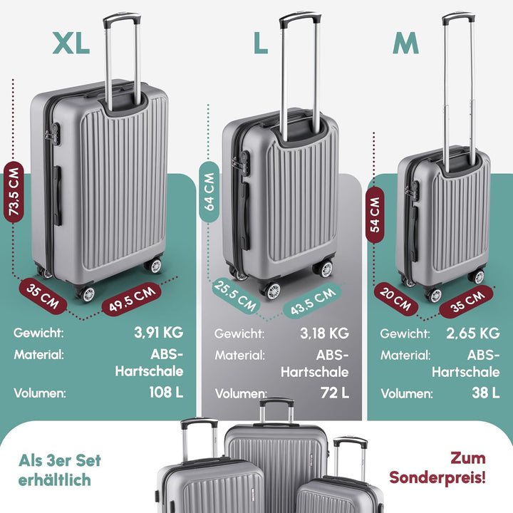 ABS Hartschalenkoffer - Ergonomisch & Sicher - Kleiner Trolley Koffer mit 360° Rädern, Zahlen-Schlos