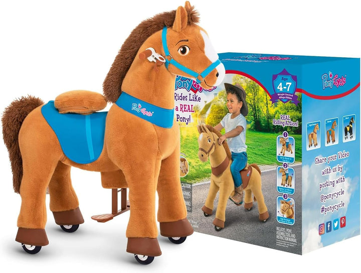 PonyCycle Pferd zum reiten, für Kinder 4–7 Jahre, 90cm Hoch, Reitpferd auf Rollen mit Handbremse, Sc