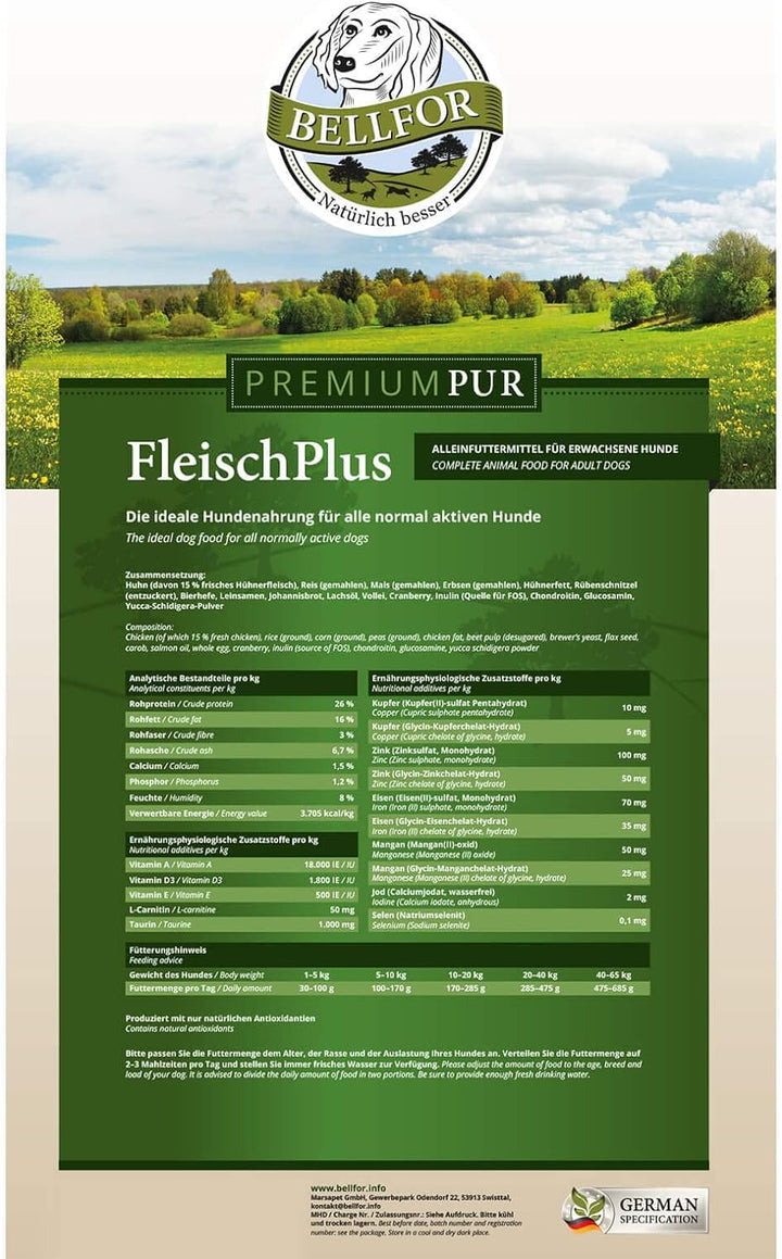 Bellfor Premium PUR FleischPlus Glutefrei Hundefutter mit Hohem Fleischanteil 10 kg - Die ideale Nah