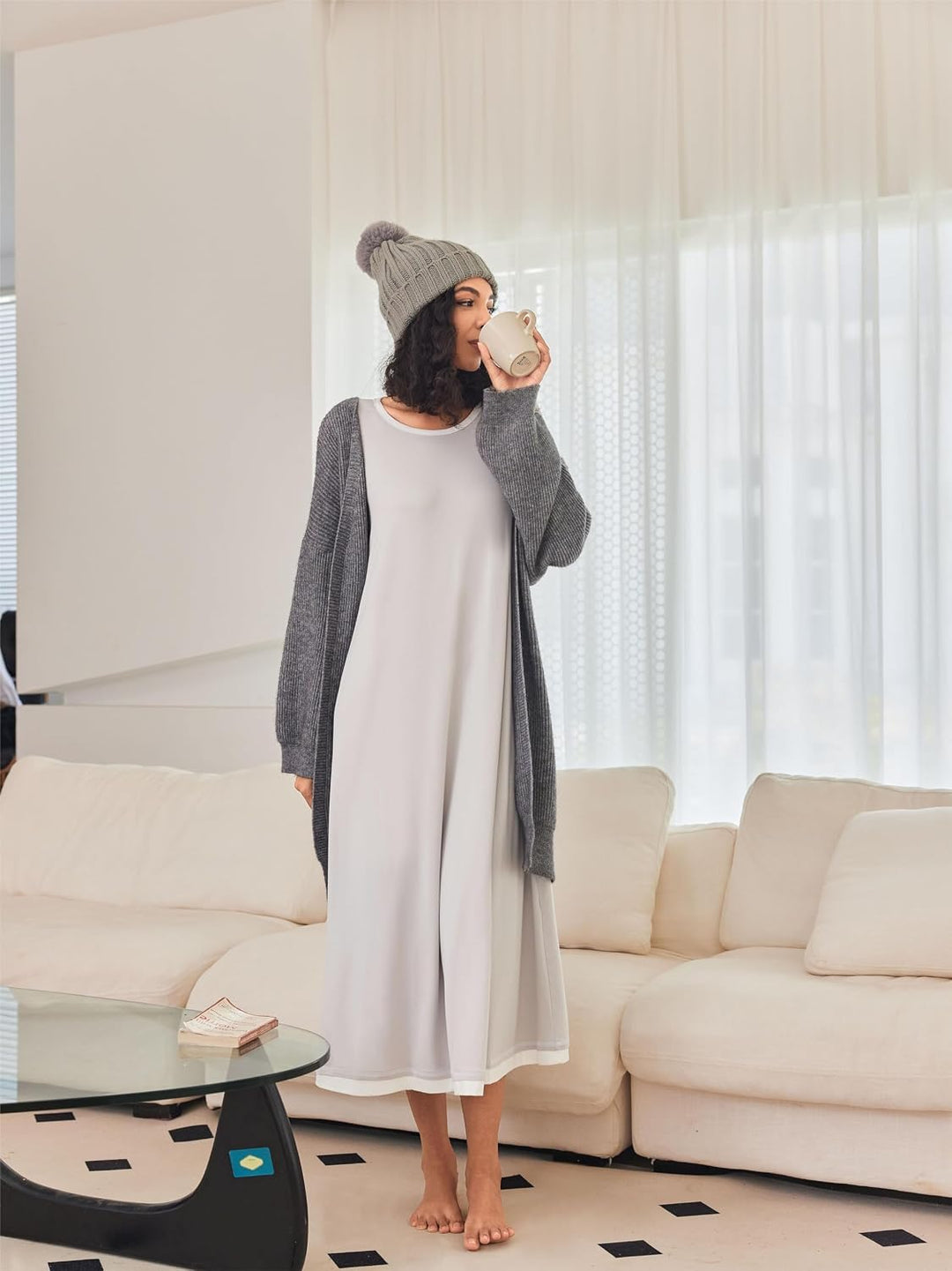 Ekouaer Damen Nachthemd Langarm Elegant Sleepshirt Weich Schlafkleid Lange Nachthemden Kontrastfarbe