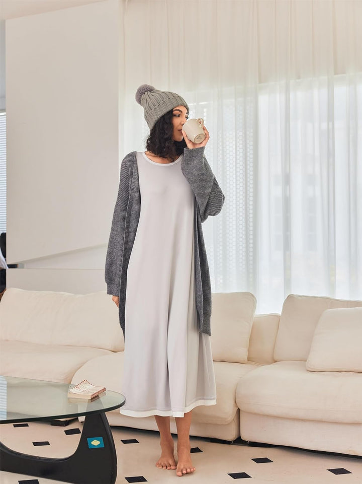 Ekouaer Damen Nachthemd Langarm Elegant Sleepshirt Weich Schlafkleid Lange Nachthemden Kontrastfarbe