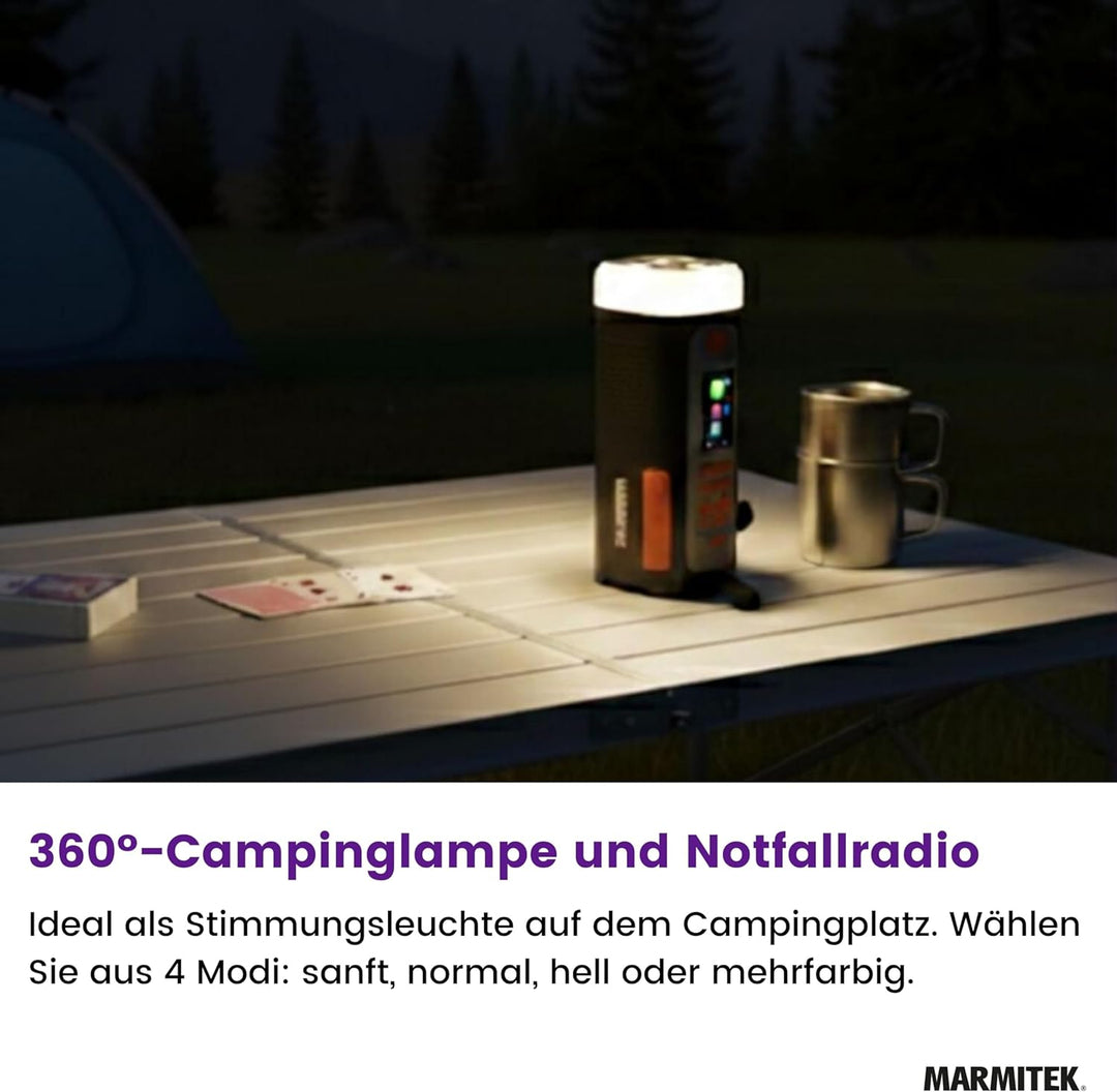 Kurbelradio Marmitek RESQ 200 – Solar Notfallradio mit DAB+, Farbdisplay & 360° LED Licht – Powerban