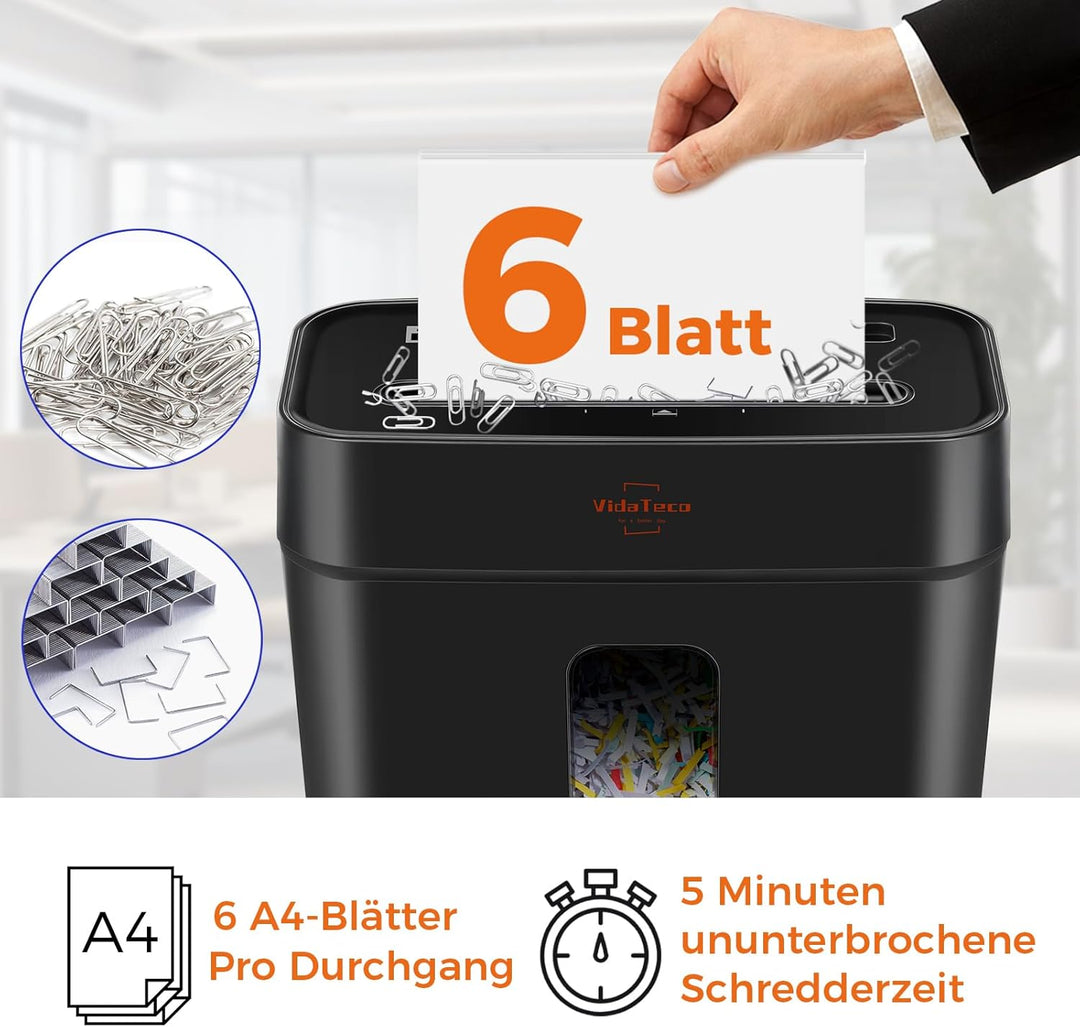 Schredder, 6 Blatt Kreuzschnitt (P-4) Aktenvernichter, VidaTeco Partikelschnitt Papierschredder für