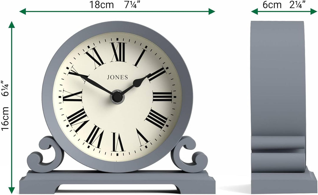 JONES CLOCKS® Saloon Tischuhr | Traditionelles Doppel-Scroll-Design | Französisches Marineblau | Röm