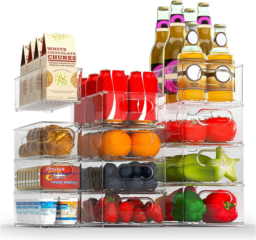 FINEW Kühlschrank Organizer 12er Set (4 Klein, 4 Mittel, 4 Gross), Stapelbar Kühlschrank Behälter, D