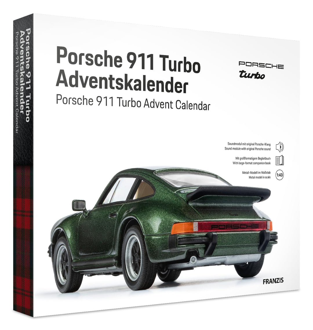 FRANZIS 55109 - Porsche 911 Turbo Adventskalender lichtgrün, Metall Modellbausatz im Massstab 1:43,