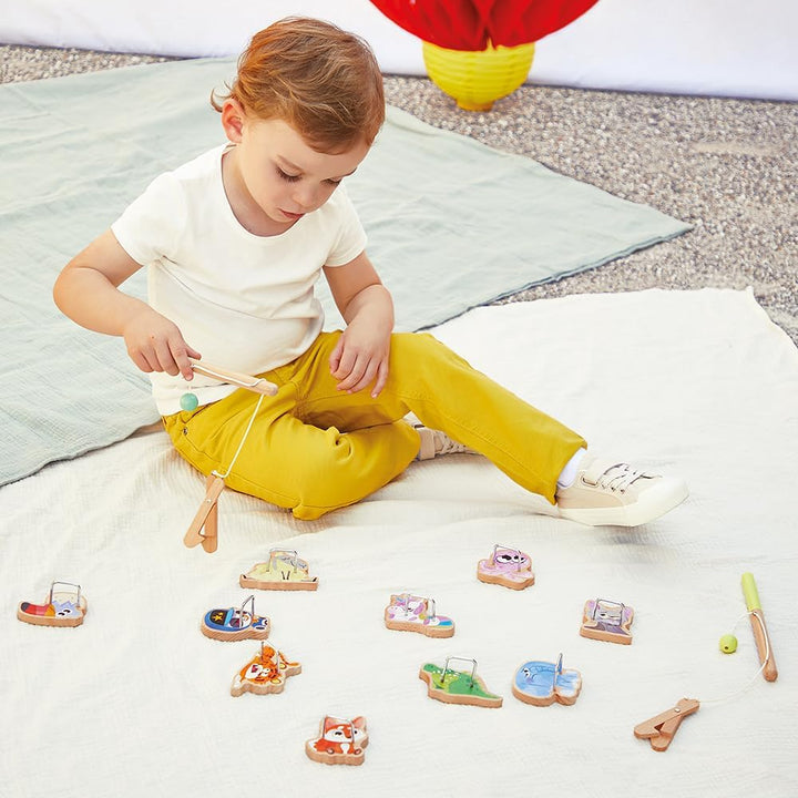 Janod - Angelspiel Applepop - Geschicklichkeitsspiel für Kinder - 2 Greifer + 10 Tiere + 1 Beutel -