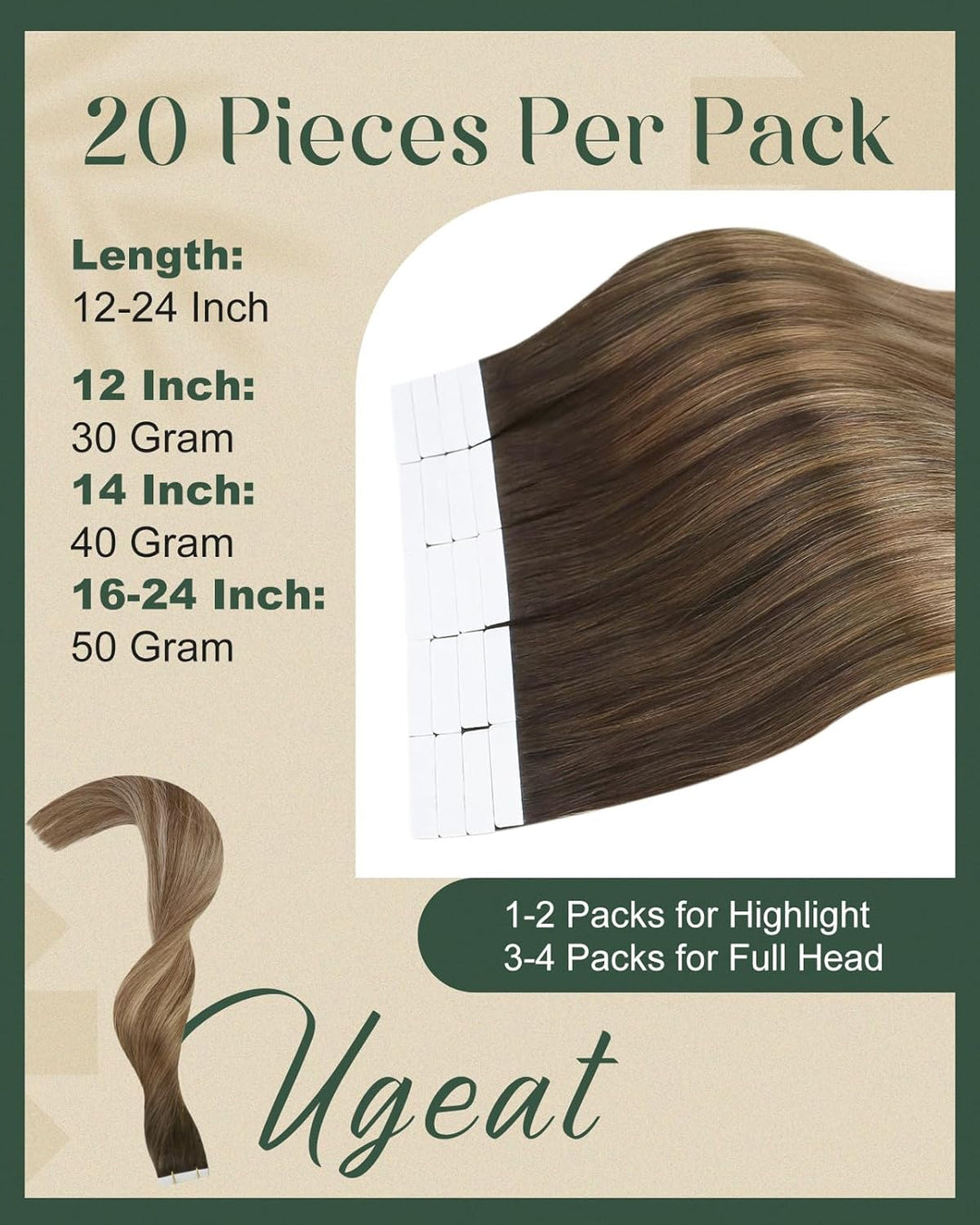 Ugeat Invisible Tape Extensions Echthaar 30cm Braun Balayage Seidig Haarverlängerung Echthaar Tapes