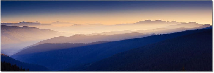 Augenblicke Wandbilder Leinwandbild als Panorama in 150x50cm Sonnenaufgang Landschaft Berge Nebel