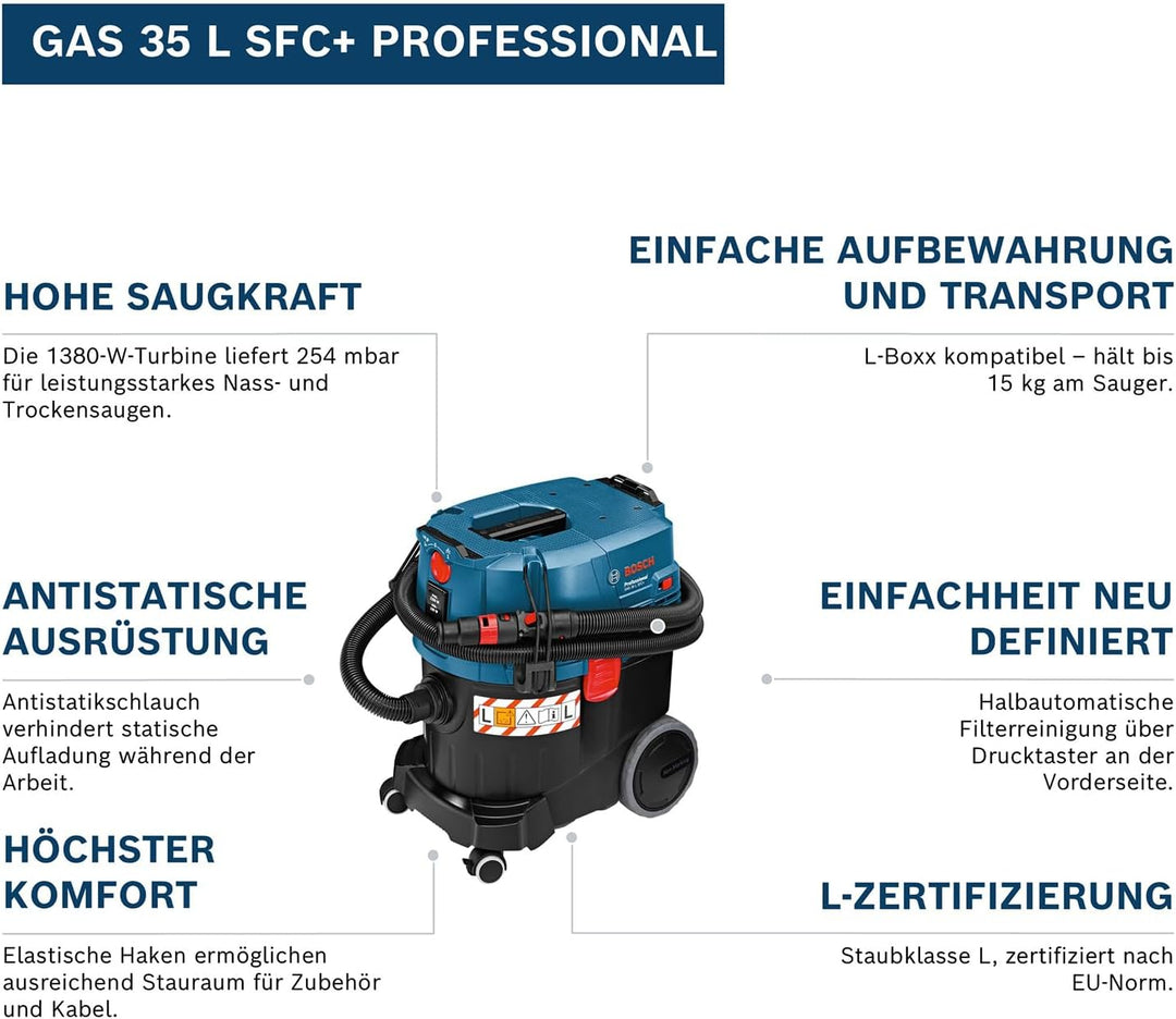 Bosch Professional Nass-/Trockensauger GAS 35 L SFC+ (inkl. 1x Zellulose-Flachfaltenflter, Fugendüse