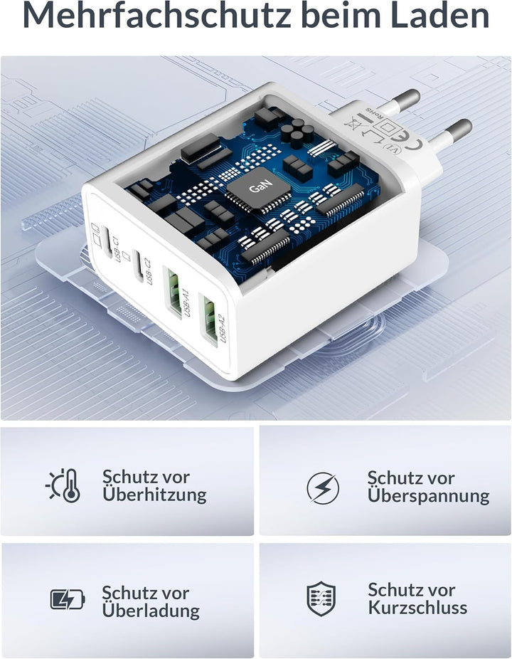 65W USB C Ladegerät, 4-Port GaN Netzteil PD/PPS USBC Schnellladegerät Fast Charger + 240W 2M Typ C S