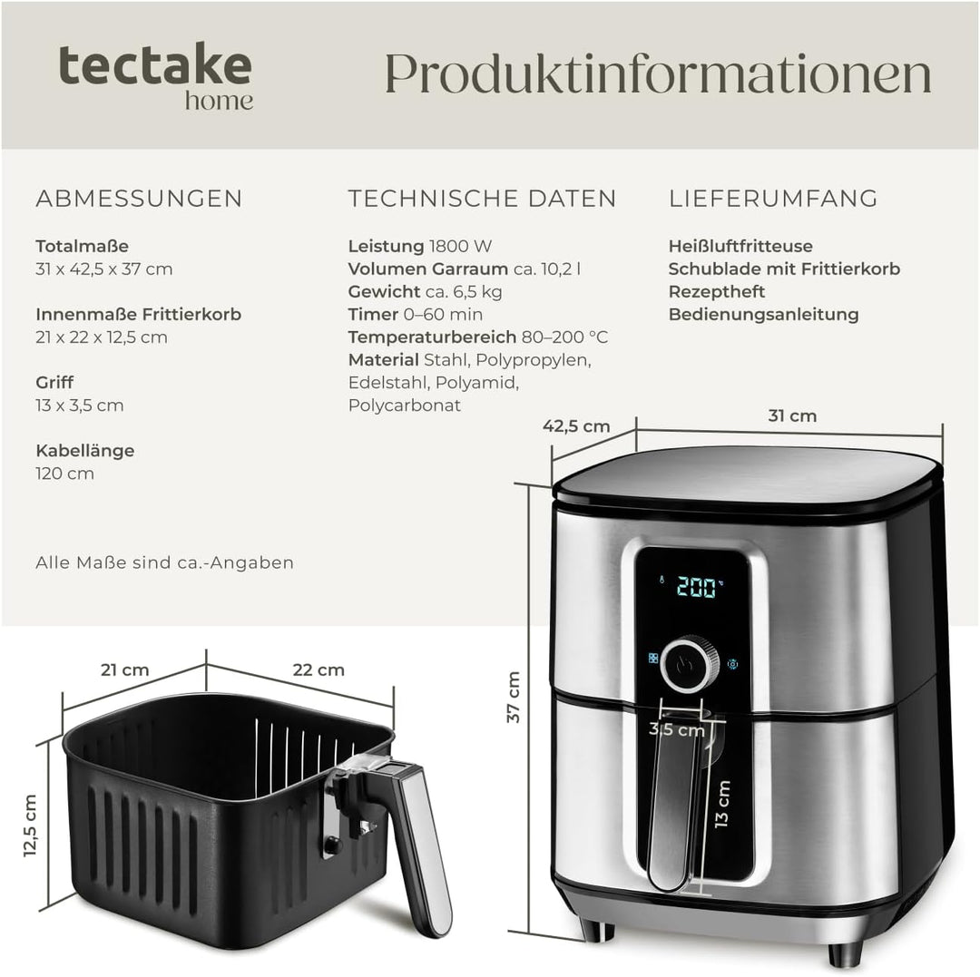 tectake® Heissluftfritteuse XXL -90% weniger Öl, 10,2l Fassungsvermögen, Touchscreen-Display, Airfry