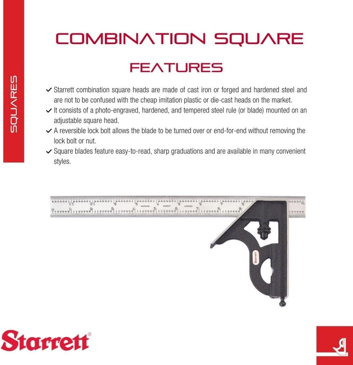 Starrett Stahl-Kombinationswinkel mit quadratischem Kopf – 30,5 cm Klingenlänge, Gusseisenkopf, gehä
