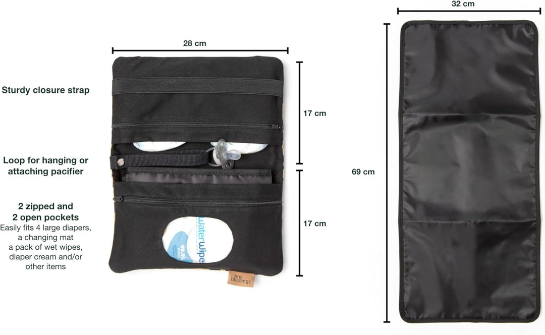 Tiny Blessings Windeltasche mit Wickelunterlage für unterwegs, Extra starkes Verschlussband, Schlauf