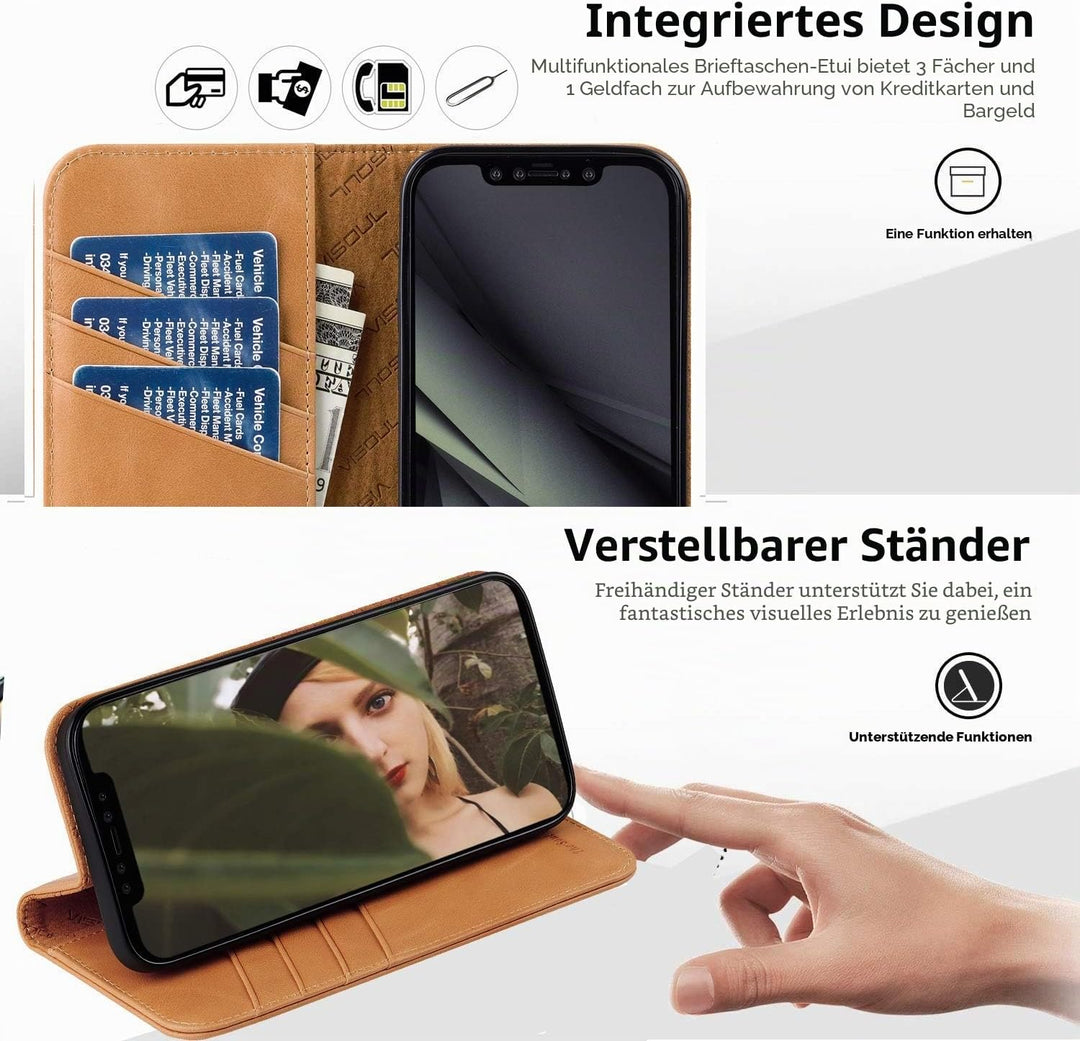 VISOUL Hülle für iPhone 13 Pro Handyhülle Schutzhülle TPU [Erstklassiges Echtleder] [Kartenfach] [Ma