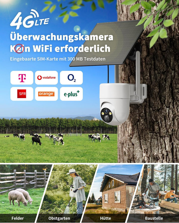 SEHMUA 3G/4G LTE Überwachungskamera Aussen mit SIM Karte, Solar IP Kamera ohne WLAN mit präziser Per
