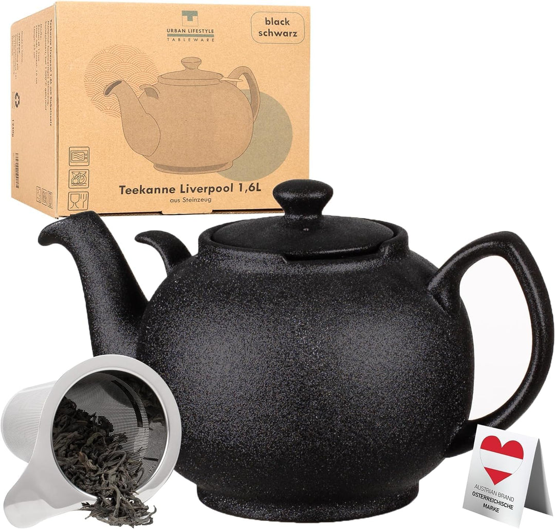 Teekanne mit Stövchen Keramik 1,6 L (Schwarz) Teekanne mit Edelstahl Sieb aus Keramik, Teekanne Live