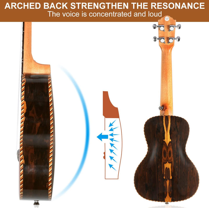 Hricane Konzert-Ukulele Ziricote 23 Zoll Profi Hawaii Ukulelen für Anfänger mit Gigbag Strap Strings