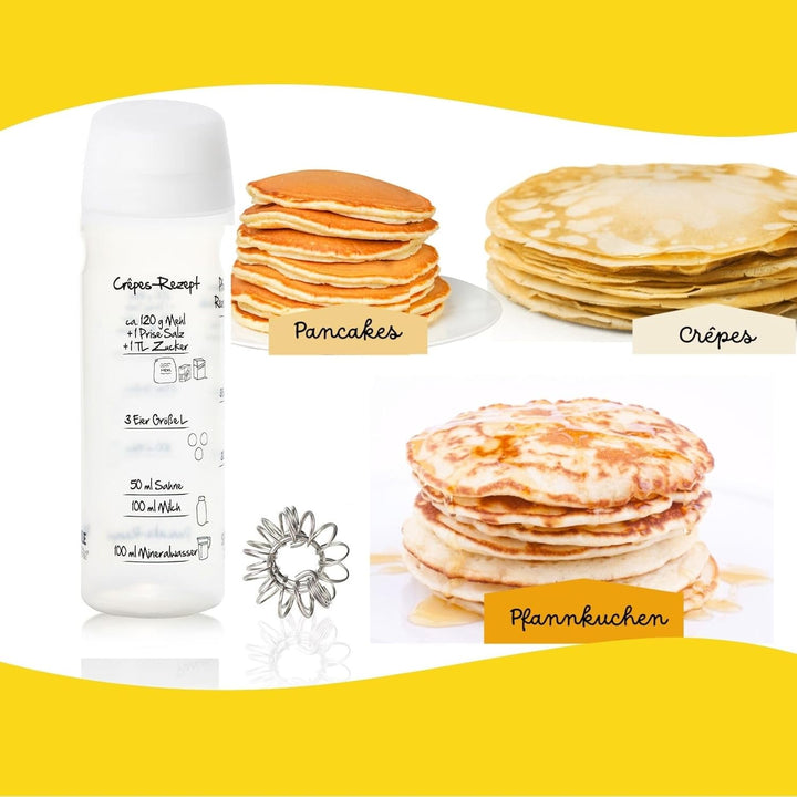 Pfannkuchen-Shaker (WEIss) für 4 Portionen (875ml) Pfannkuchenteig mit Rezeptaufdruck für Pfannkuche