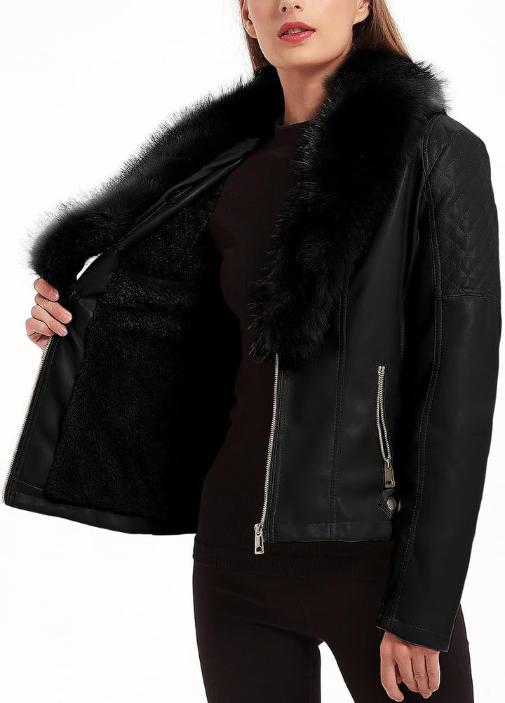 Giolshon Damen Kunstlederjacke Moto Biker Warme Winterjacket mit Kunstpelzkragen, XL
