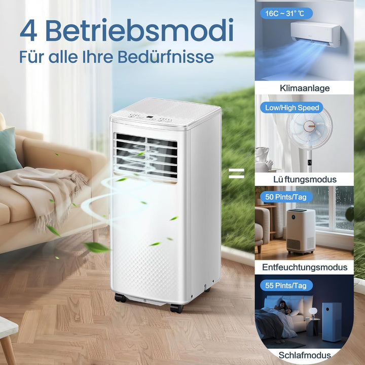 4 in 1 Mobiles Klimagerät, 7000 BTU Mobile Klimaanlage mit Kühlung, Luftzirkulation, Entfeuchtung, P