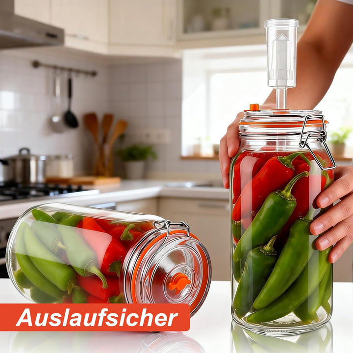 2 Stück 2L Fermentierglas Fermentationsglas mit Gärventi &amp; Gewicht Kimchi Behälter mit Luftschleuse