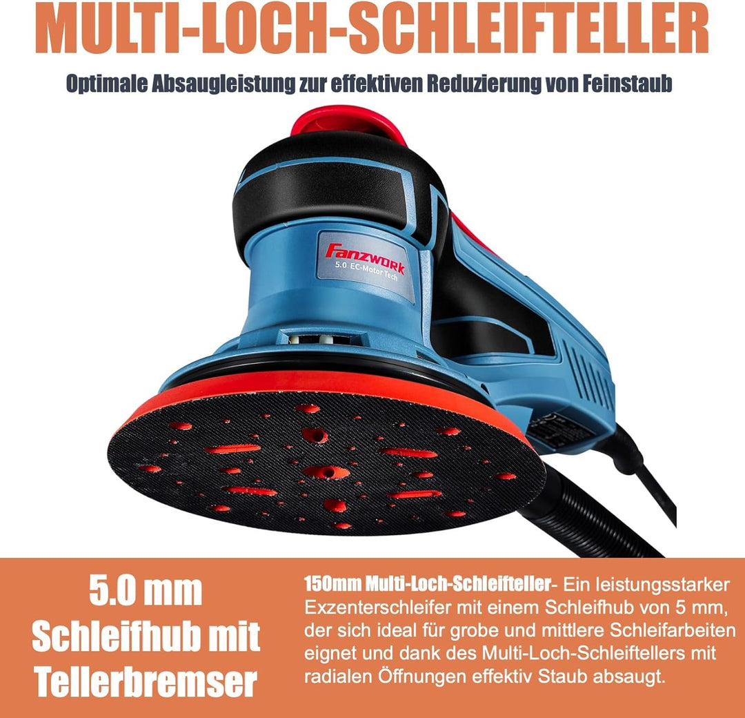 FANZWORK Bürstenloser Exzenterschleifer HG0024,mit 125mm/150mm Schleifteller,5mm Schleifhub, 7-Stufi