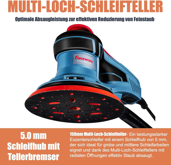 FANZWORK Bürstenloser Exzenterschleifer HG0024,mit 125mm/150mm Schleifteller,5mm Schleifhub, 7-Stufi