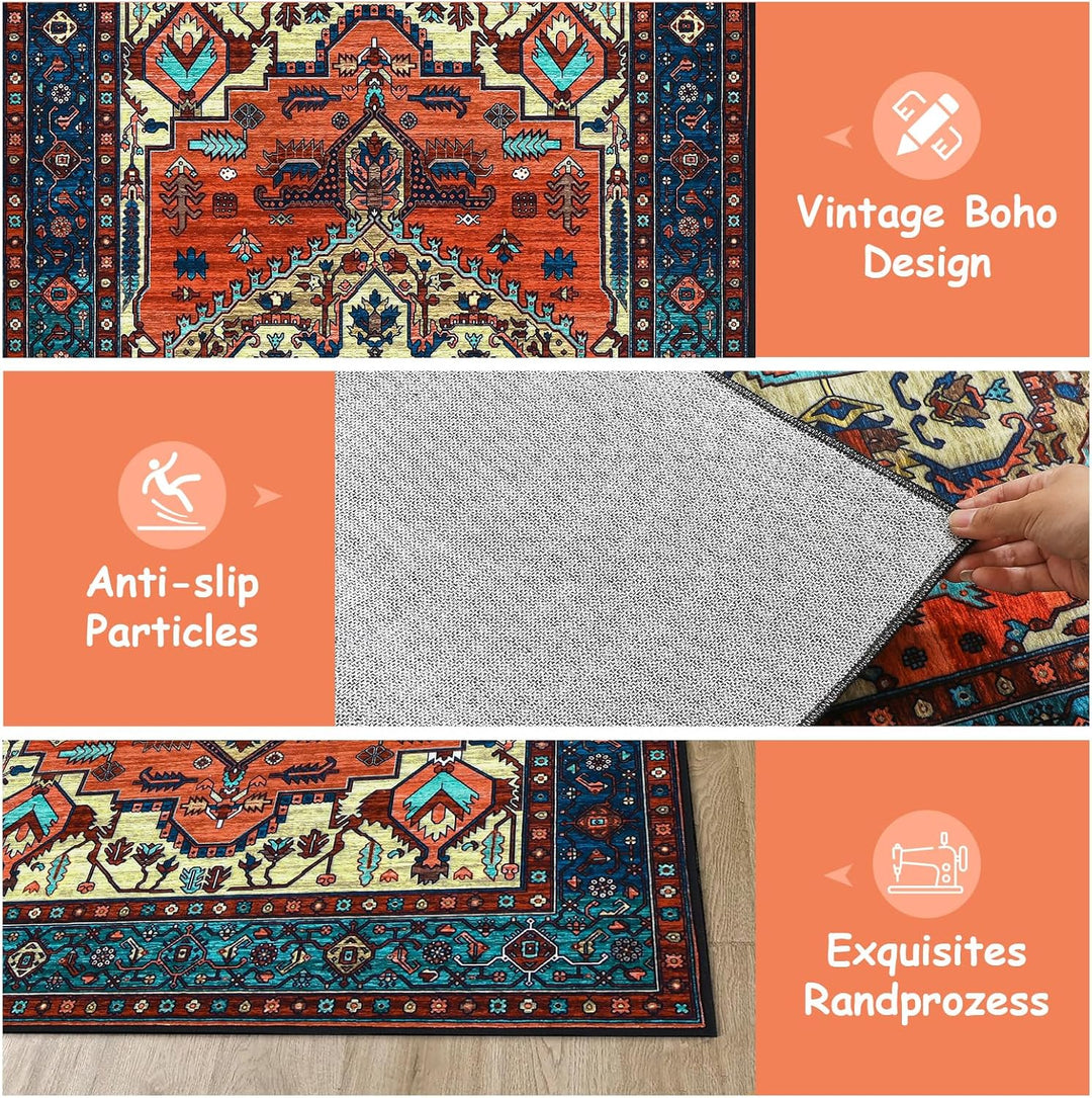 WONGS BEDDING Boho Teppich Wohnzimmer Schlafzimmer Kurzflor Teppiche Waschbar Weich rutschfest Vinta