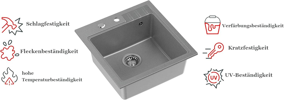 VBChome Spüle mit Armatur 52 x 50 cm Grau Tiefes Becken Küche Einbauspüle Verbundspüle Küchenspüle E