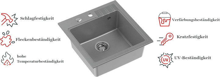 VBChome Spüle mit Armatur 52 x 50 cm Grau Tiefes Becken Küche Einbauspüle Verbundspüle Küchenspüle E