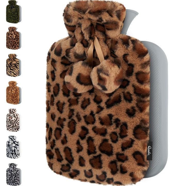 Qomfor Hot Water Bottle with Fluffy Cover - Soft Premium Faux Fur Cover - 1.8L Large Capacity - Hot