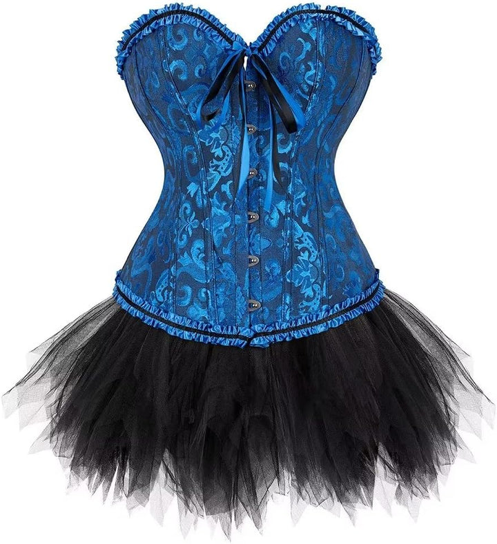 Korsett Schwarz Corsage Kleid Rock elegant Kostüm mit korsettkleid Spitze Lace nrock sexy Karneval F