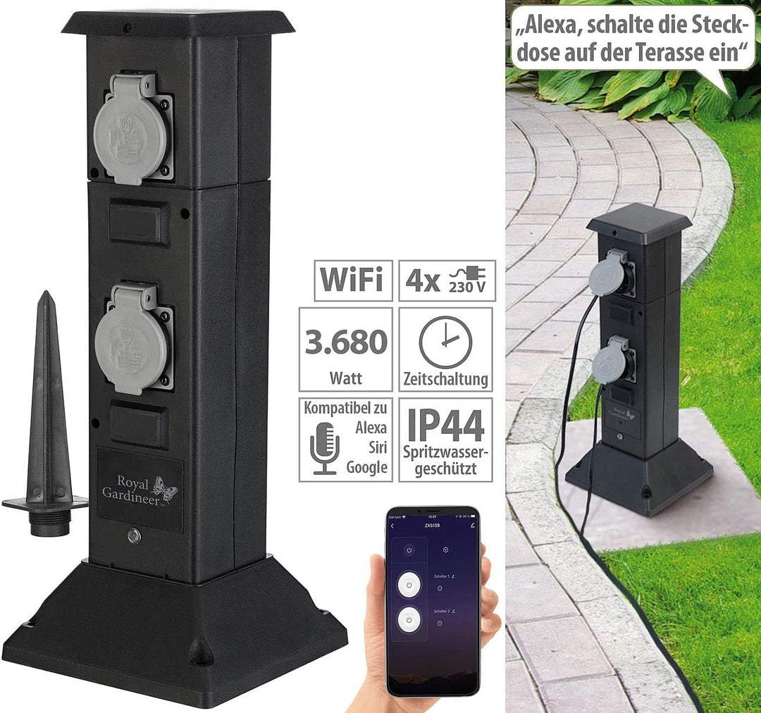 Royal Gardineer Stromverteiler Garten: 4-fach-WLAN-Outdoor-Steckdosen-Säule, App, Sprachsteuerung, 1