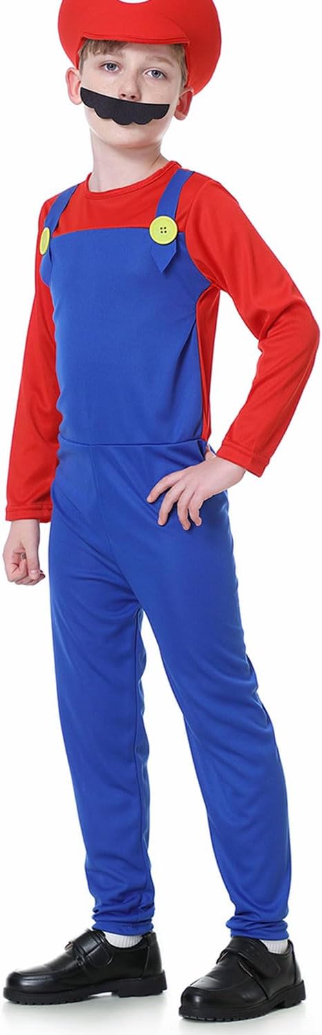 VISVIC Cosplay Kostüm Super Brothers Klempner, Kostüm mit Bodysuit, Cap und Schnurrbart, Karneval Ha