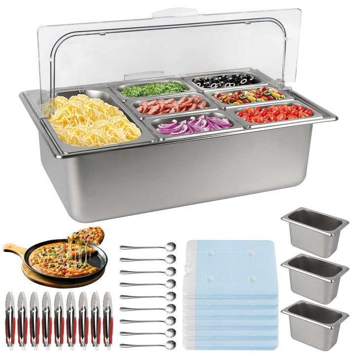 TOROKOM 10 Pfannen Edelstahl Zutatenbehälter Gewürz Organizer aus Edelstahl Salatbar Buffet Station