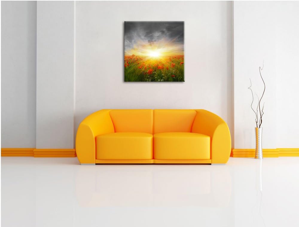 Pixxprint Mohnwiese in der Sonne / 70x70cm Leinwandbild bespannt auf Holzrahmen/Wandbild Kunstdruck