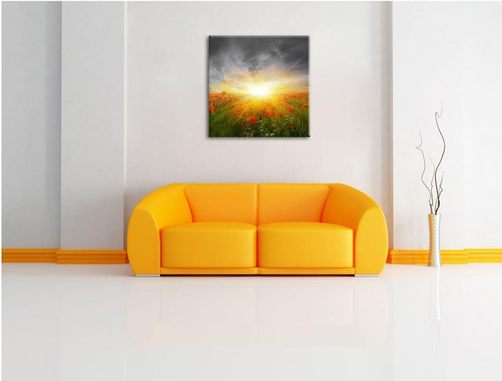 Pixxprint Mohnwiese in der Sonne / 70x70cm Leinwandbild bespannt auf Holzrahmen/Wandbild Kunstdruck