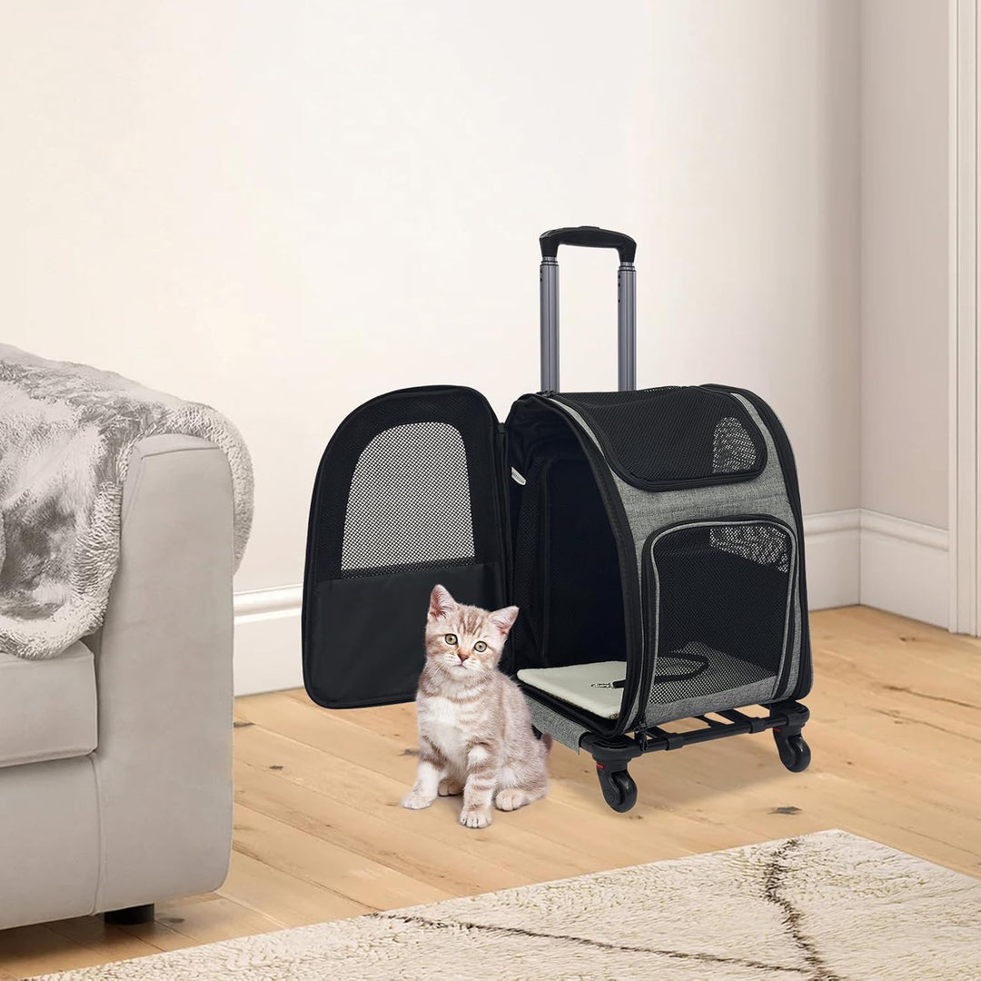 Katzenrucksack Hunderucksack mit Trolley, 2 in 1 Erweiterbar Haustier-Trolley-Rucksack mit Rädern, T