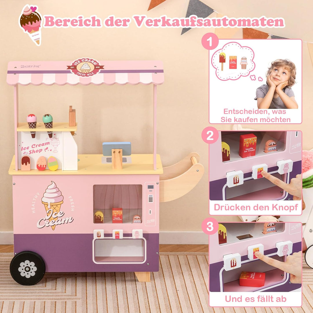 COSTWAY Eiswagen Kinder mit Eiscreme Spielzeug, Eisladen Holz mit Eismaschine & Verkaufsautomat & Ka