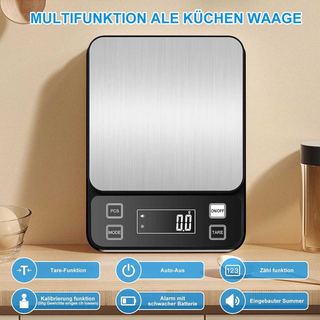 Diyife Wasserdicht IPX67 Küchenwaage 10KG, 0,1g Digitalwaage mit Grosser Edelstahl Wiegefläche, Wied