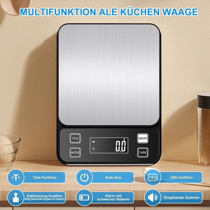 Diyife Wasserdicht IPX67 Küchenwaage 10KG, 0,1g Digitalwaage mit Grosser Edelstahl Wiegefläche, Wied