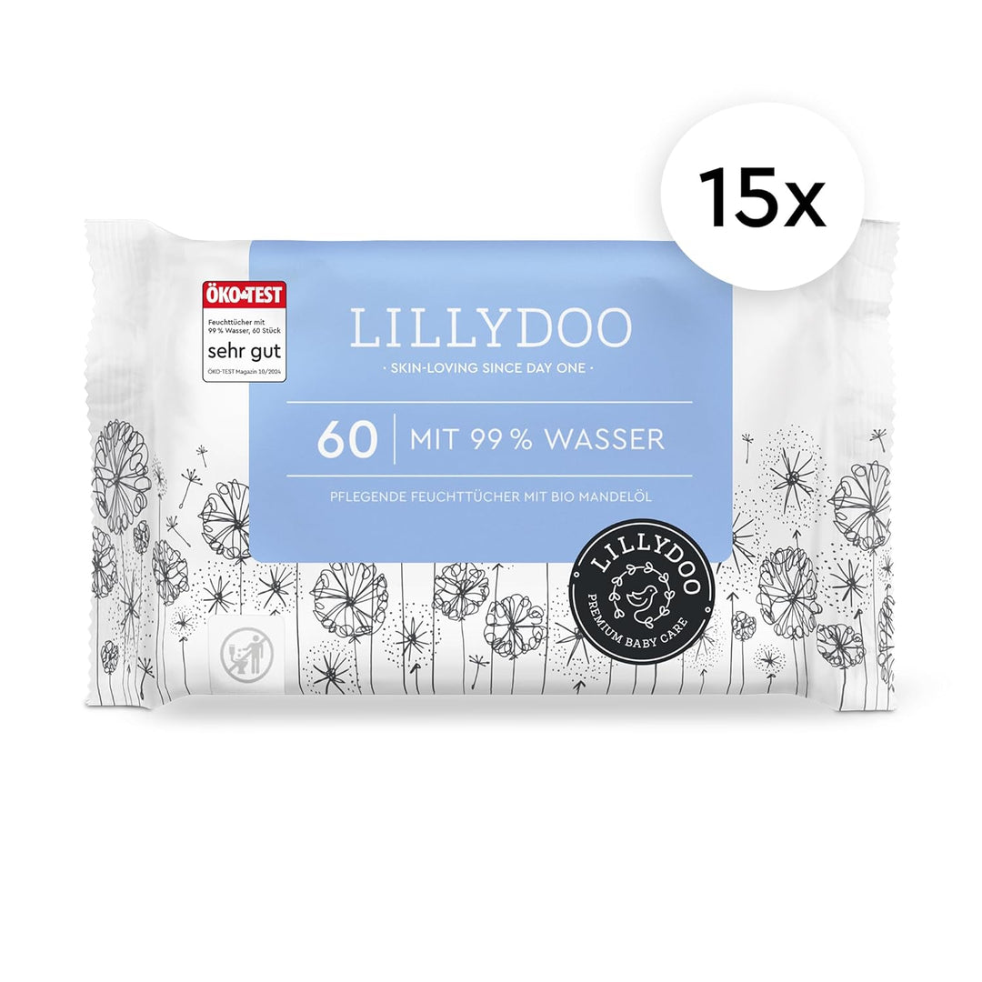 LILLYDOO Baby Feuchttücher mit 99% Wasser, 900 Stück (15 x 60), 100% plastikfreies Tuch, ohne Parfüm