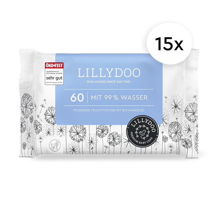 LILLYDOO Baby Feuchttücher mit 99% Wasser, 900 Stück (15 x 60), 100% plastikfreies Tuch, ohne Parfüm