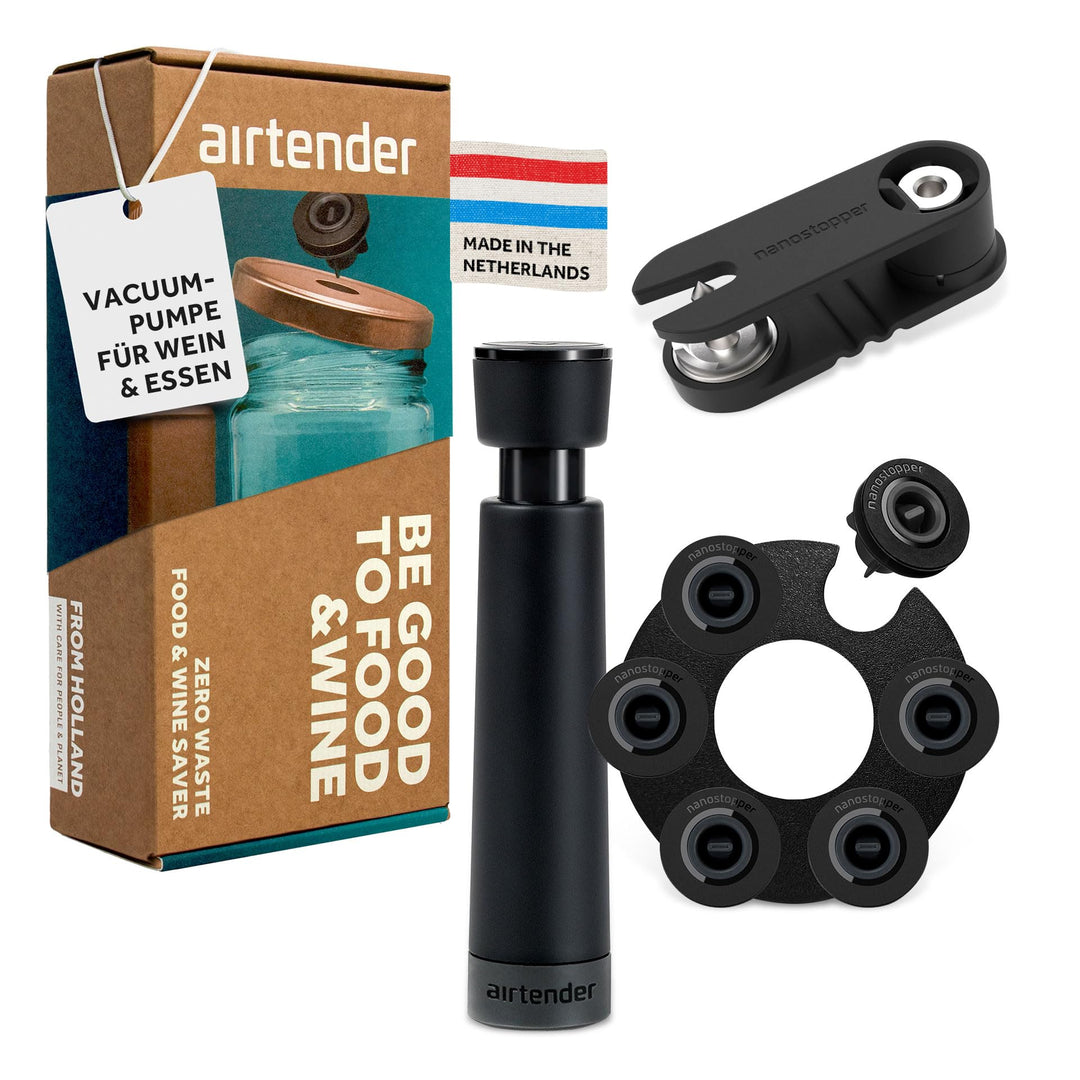 Airtender Vakuumset Gläser & Flaschen - Vakuumpumpe - 6 Weinstopper - Geschenkbox