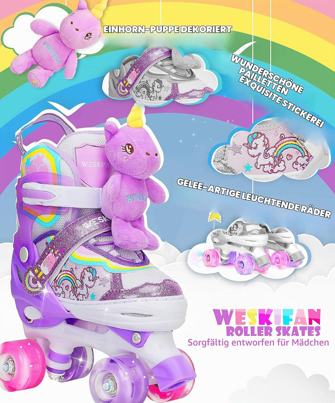 Kinder Einhorn-Puppe Rollschuhe für Mädchen 4 Grössen Verstellbar Mit Leuchtenden Rädern Quad Roller